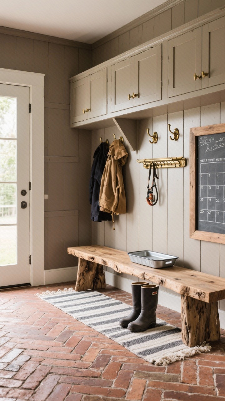 Barn-inspired mudroom, straight-on wide: brick herringbone floor with soft grout, mushroom taupe shiplap walls, built-in cubbies and closed cabinets; aged brass hooks holding coats and dog leashes; a live-edge bench, wall-mounted drying rack; styled with a striped runner, enamel boot tray, and a chalkboard calendar; bright functional daylight.