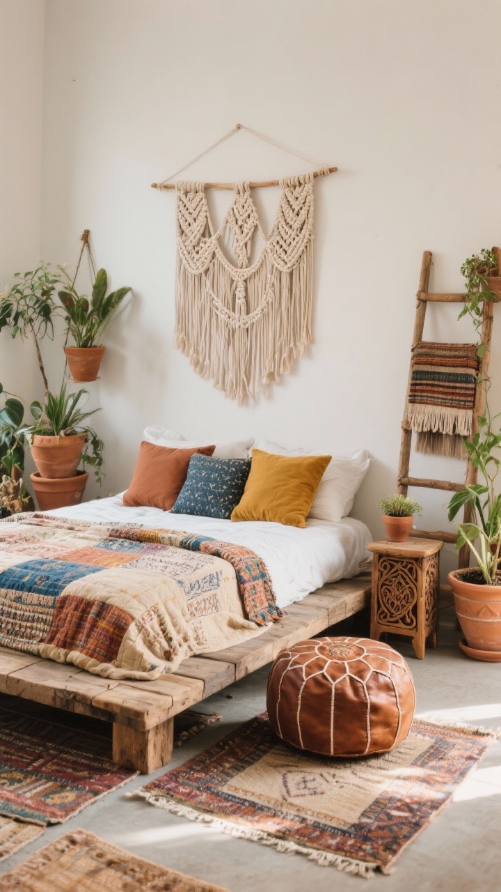 Boho rustic studio, medium shot: low reclaimed-wood platform bed layered with kantha quilts and lumbar pillows in clay, indigo, mustard, and sand, a Moroccan leather pouf next to a carved side table, macramé wall hanging above, overlapping rugs on the floor, and a leaning blanket ladder; cluster of plants in mix-and-match terracotta pots; soft natural light with cozy texture emphasis.