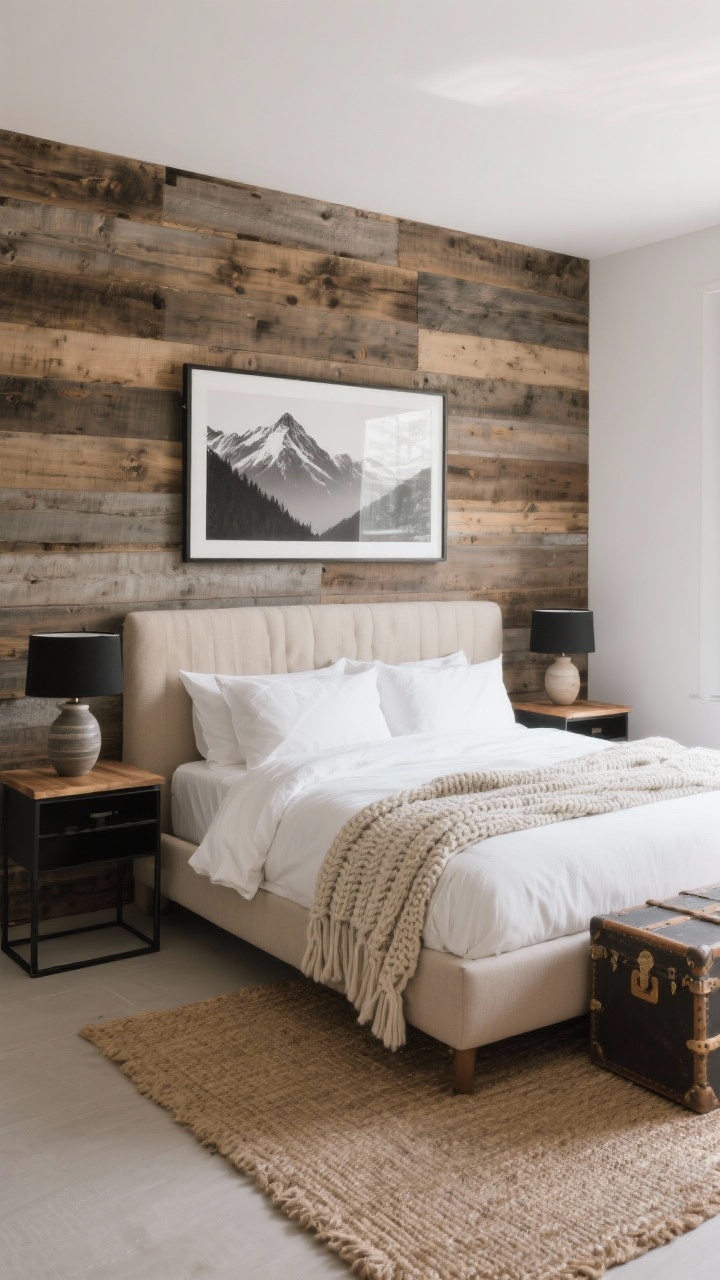 Calm modern rustic bedroom, straight-on medium-wide: a reclaimed wood accent wall behind an upholstered bed in oatmeal linen; bedding is crisp white with a chunky knit throw and flax linen shams; blackened steel nightstands with wood tops, ceramic lamps, a jute rug, and a vintage trunk at the foot; lean black-and-white mountain photography in slim frames; soft morning light.