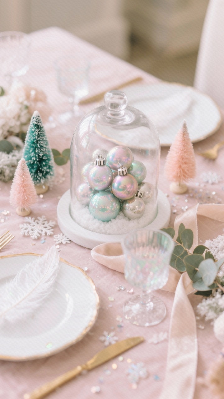 Closeup cloche vignette in frosted pastels: soft blush tablecloth base; iridescent ornaments piled under glass cloches creating a snowglobe effect; white plates rimmed in soft gold, opal glassware catching light; feather or tinsel trees and mini pastel bottle brush trees scattered; snowflake confetti, frosted eucalyptus, pale velvet ribbons; palette blush, mint, pearl, champagne; sparkling, dreamy lighting with gentle bokeh.
