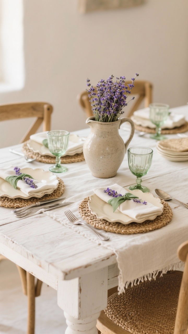 Closeup detail, 3/4 angle: A whitewashed trestle table topped with pale linen tablecloth with raw hems. A stoneware pitcher overflowing with dried lavender is the focal point. Surrounding it are cream ceramic plates with scalloped edges, gently tarnished vintage silver flatware, and woven seagrass chargers. Lavender-tied napkins and green-tinted recycled glass goblets complete the Provençal charm. Soft white, faded lavender, warm beige palette; soft natural daylight.