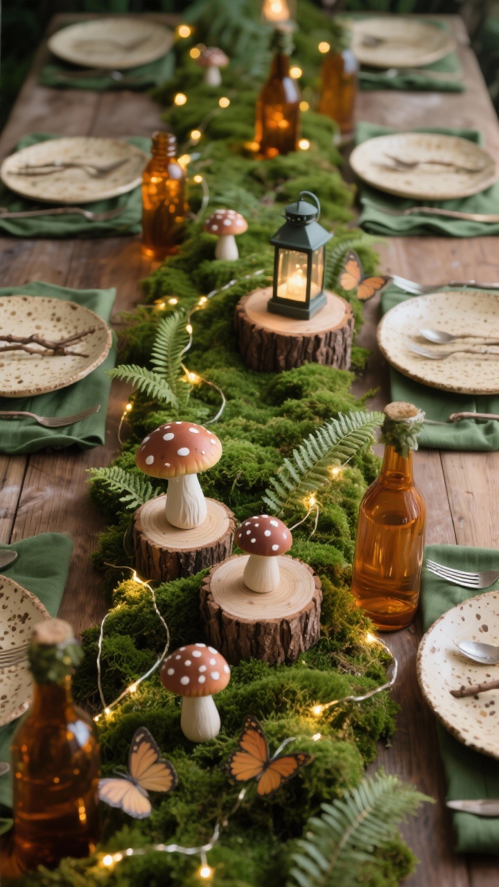 Closeup detail, low angle: A thick bed of preserved moss running down the center sprinkled with fairy lights. Wood-slice risers display ceramic mushrooms and tiny lanterns. Speckled oatmeal plates, twig flatware, and forest-green linen napkins at the edges. Amber bottles with delicate ferns and a few subtle faux butterflies add whimsy. Palette: moss green, bark brown, cream, amber. Magical forest mood, warm ambient glow.