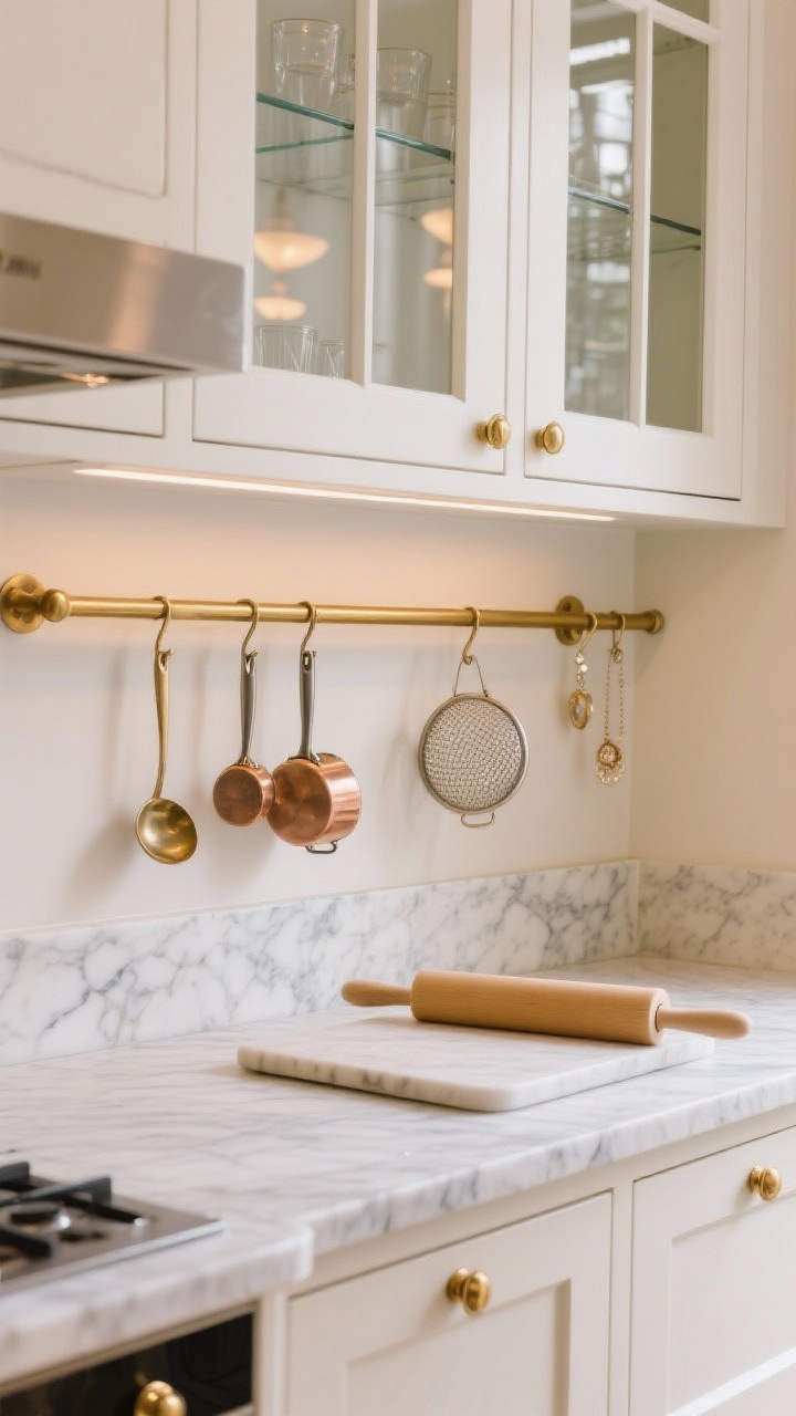Closeup detail of a Parisian rail system: off-white cabinetry with polished brass knobs, marble-look countertop edge; two parallel brass rails across the backsplash with ladles, tiny saucepans, and mesh strainers hanging like jewelry; a low-profile marble pastry slab ready for rolling; above, a glimpse of glass-front micro uppers with white porcelain; warm café-like lighting.