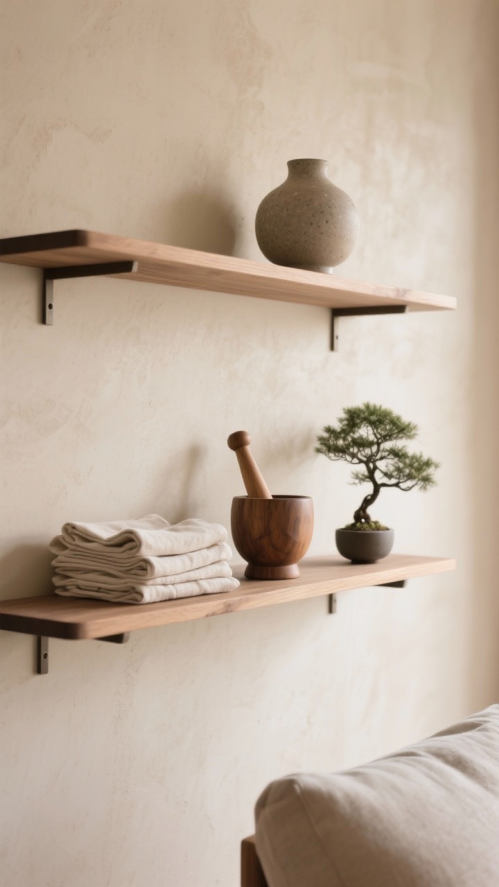 Closeup detail: Silhouette-thin ash shelves on smooth plaster-look walls in a creamy mushroom tone. Minimal, almost invisible hardware. Sculptural stoneware pieces, a single wooden mortar and pestle, folded linen napkins neatly stacked, and a petite bonsai adding a restrained living touch. Soft diffused light enhancing Japandi calm, no people.