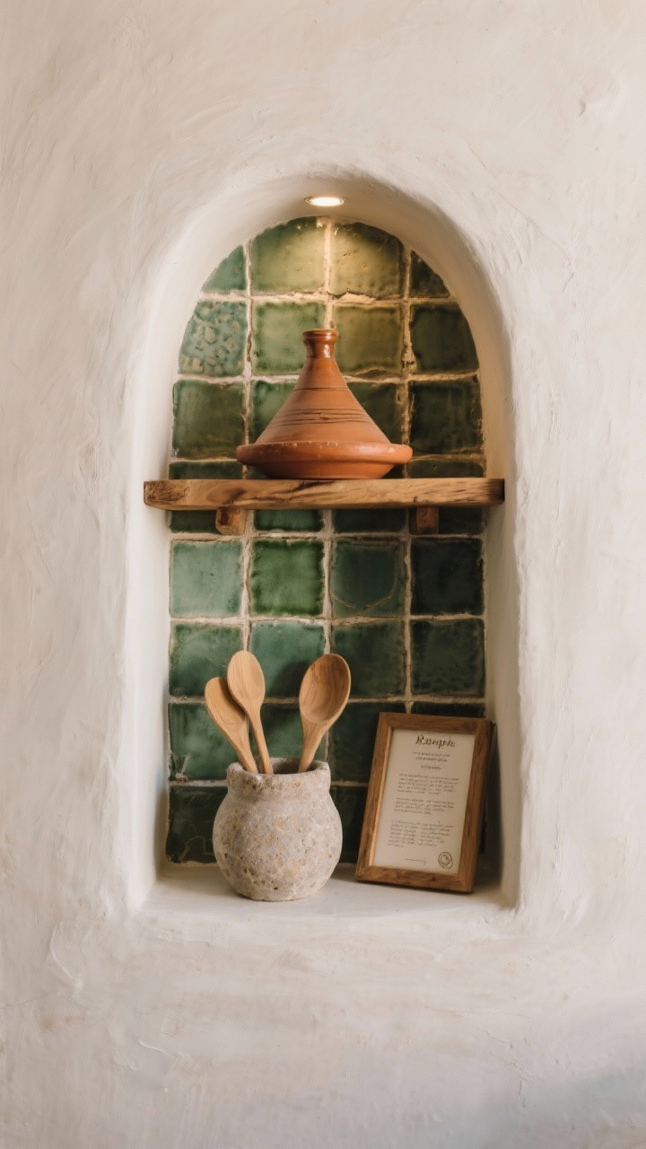 Closeup focal niche: A plaster-look surround framing an inset niche tiled with handmade sage zellige. Inside, a pair of matching wood shelves hold a clay tagine, wooden spoons in a stone crock, and a petite framed recipe card. Subtle directional lighting to highlight tile variation and artisanal textures, bespoke built-in effect, no people.
