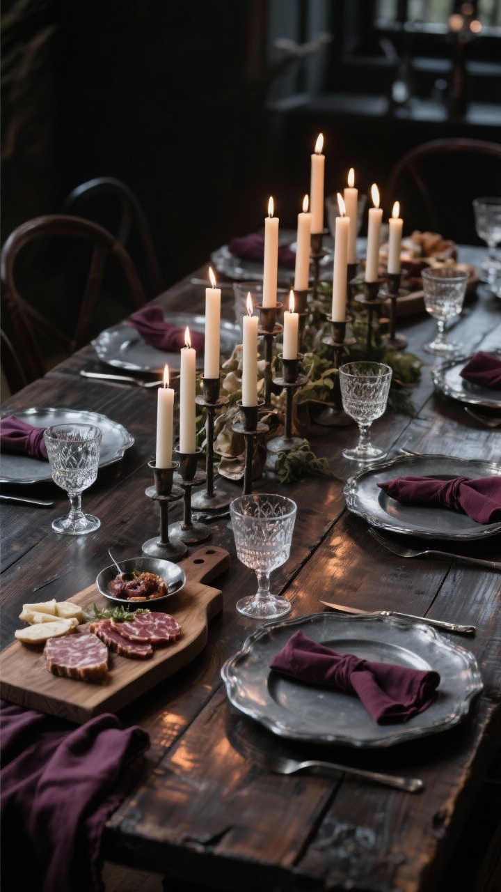 Closeup moody vignette: Bare dark wood table with aged pewter chargers and smoky gray plates. A dense cluster of taper candles in iron holders runs down the center, dripping softly. A wood-and-pewter charcuterie board arrangement sits nearby; linen napkins in oxblood or mulberry add depth. Cut-crystal goblets catch candlelight. Palette: onyx, pewter, plum, cream. Low, romantic evening lighting with soft reflections.