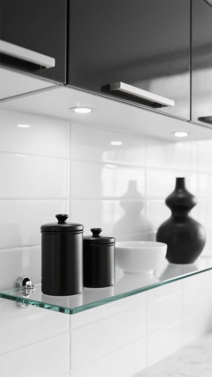 Closeup, sleek minimal: Tempered glass shelves with low-profile chrome clips against a gloss white tile backsplash. Black-and-white styling: matte black canisters, white bowls, a single sculptural black vase. Under-cabinet puck lights create sparkle on the glass, reflections crisp and clean, ultra-minimal mood, no people.