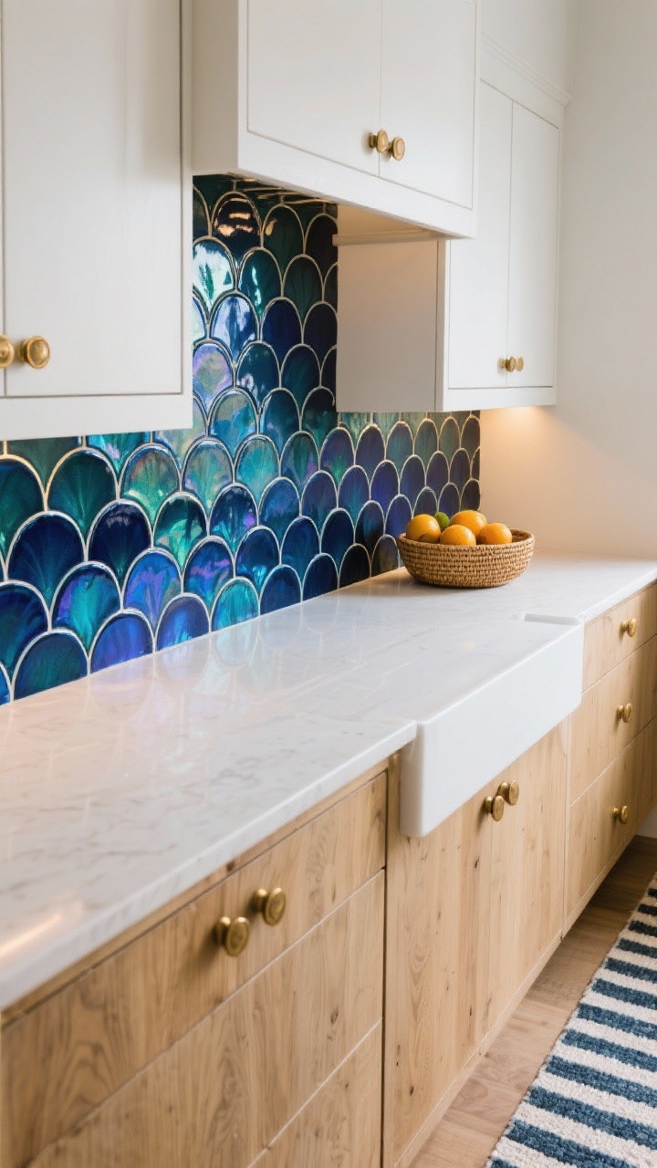 Coastal-inspired detail shot: iridescent deep navy scallop (fish scale) tiles shimmering from ink blue to teal under soft under-cabinet lighting, white countertop and light oak lower cabinets in frame, round brass knobs, a rattan fruit bowl with citrus, a coastal striped rug edge visible; intimate angle emphasizing tile curvature and sheen.