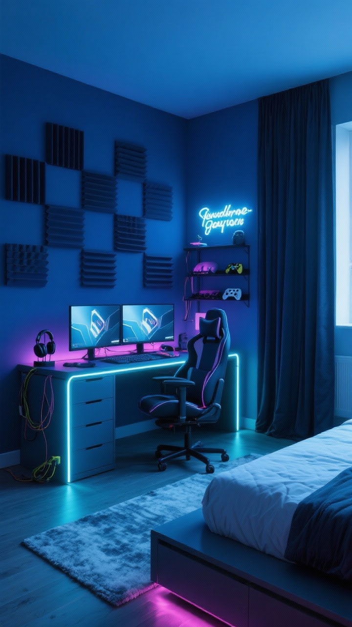 Corner angle medium shot: Gaming command center featuring a corner desk with dual monitors, a supportive gaming chair, and RGB LED strips framing the desk and bed. Walls in midnight blue to enhance glow. Geometric acoustic panels arranged artfully behind the setup. Platform bed with drawers, blackout curtains drawn partly, soft low-pile rug. Headset dock, cable raceways, controller shelf, and a neon sign with a short phrase. Low-light ambiance with LEDs as the primary light.