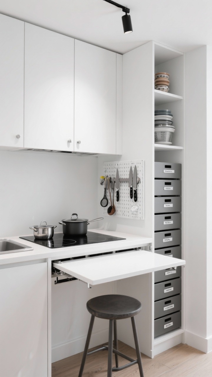 Corner angle medium shot, Micro Loft: sleek white, ceiling-height push-latch cabinets without hardware; a fold-down wall table in open position as a prep zone with stool tucked; magnetic knife strip with compact knife set; stacking pots on induction surface; inside a cabinet door, a pegboard holding measuring spoons and micro tools; tall skinny tower of drawers labeled by utensil category; bright, efficient studio lighting, photorealistic.