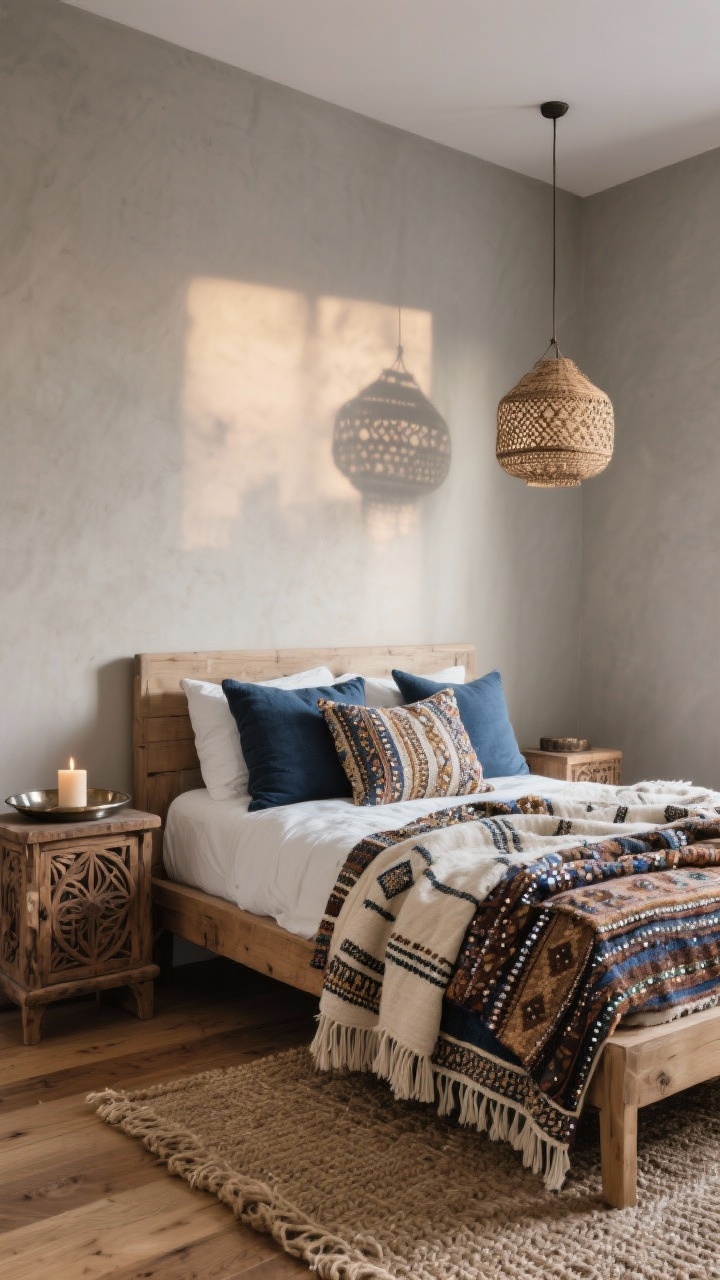 Corner angle medium shot, Nomad Neutrals With Global Textiles: greige walls and oak floors, simple wood bed dressed with a Moroccan wedding blanket draped at the foot; pile of kantha, mudcloth, and indigo pillows; carved wooden nightstands; hammered metal tray with a candle; chunky jute rug; woven pendant casting patterned shadows on the walls; palette greige, ivory, indigo, espresso; textures sequins, fringe, handwoven cotton; evening ambient glow, photorealistic.