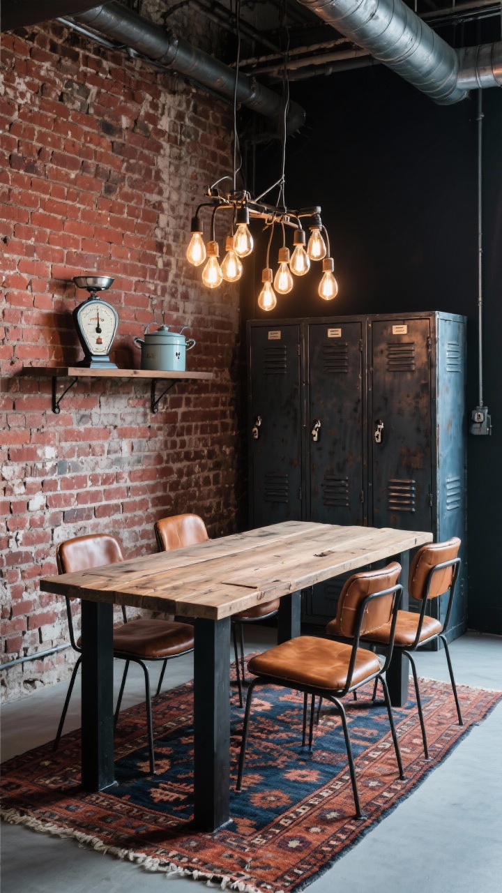 Corner-angle medium shot of a modern industrial rustic dining setup: reclaimed plank tabletop on black steel legs, metal-framed chairs with cognac leather seats, exposed brick wall backdrop, factory-style multi-bulb chandelier overhead, kilim rug in rust and navy tying the space, metal lockers repurposed as storage, enamelware and a vintage scale styled on a shelf; palette brick red, steel black, cognac, indigo; gritty, character-rich mood.