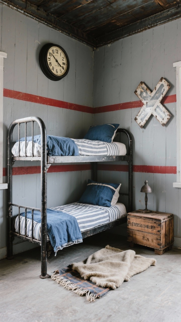 Corner angle medium shot of a railroad bunkhouse: distressed black twin-over-twin metal bunk bed as anchor, soft smoke gray walls with a horizontal rail-red stripe running around the room, vintage-style station clock mounted above, reclaimed crate used as a nightstand, bedding with conductor-style stripes, denim blue throw pillows, wool camp blanket at the foot; metal wall sign with a rail crossing symbol; utilitarian, industrial feel.
