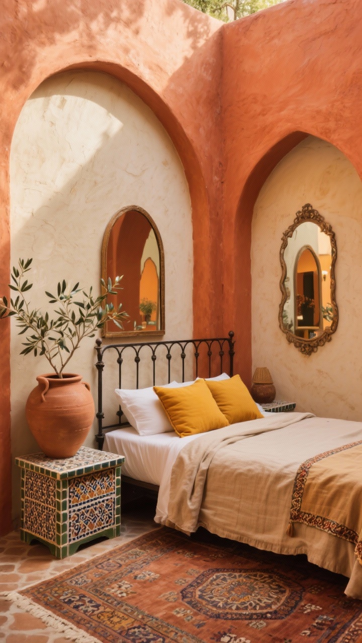Corner angle medium shot, Terracotta Courtyard Dream: two terracotta-painted walls meeting creamy plaster walls; wrought-iron bed dressed in flax linen with embroidered edges; terra and saffron pillows; tile-top nightstands; patterned Moroccan rug; arched mirrors leaning and reflecting warm tones; oversized earthen pot with olive branches; palette terracotta, saffron, cream, iron; textures plaster, clay, iron, linen; warm golden-hour light, photorealistic.