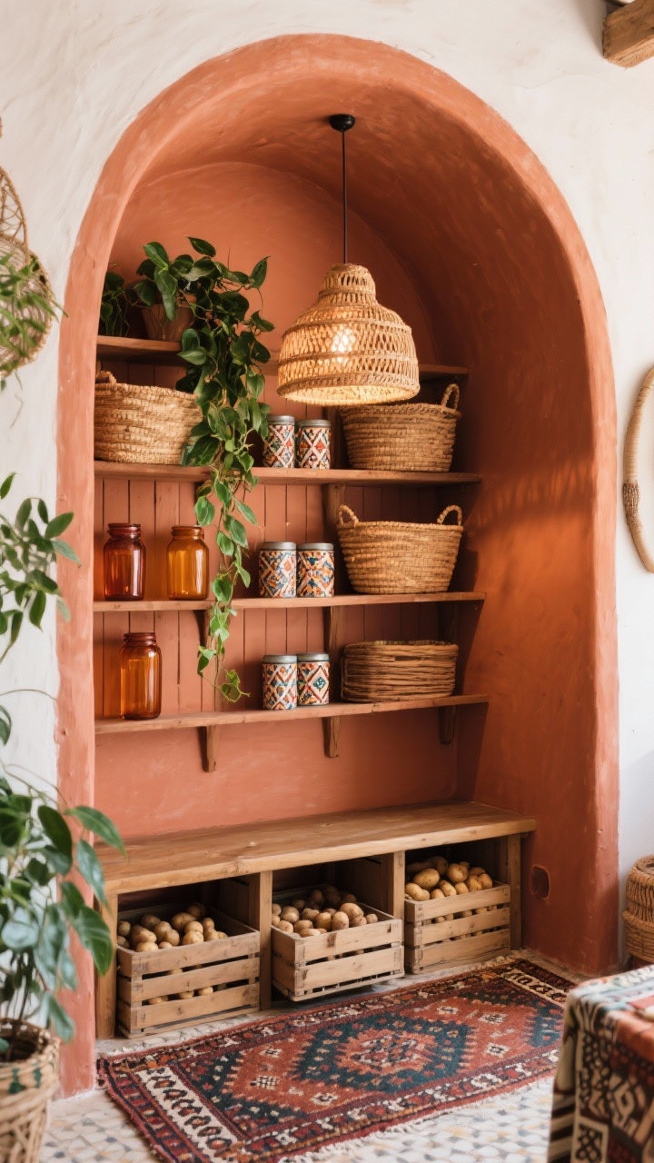 Corner angle of a boho botanical pantry nook: niche painted terracotta with arched open shelves lined with rattan baskets, amber jars, patterned tins; a trailing pothos cascading from an upper shelf; slatted wood bench beneath with pull-out crates for potatoes and overstock; woven pendant casting warm light; patterned kilim runner on the floor; cozy market-stall vibe.