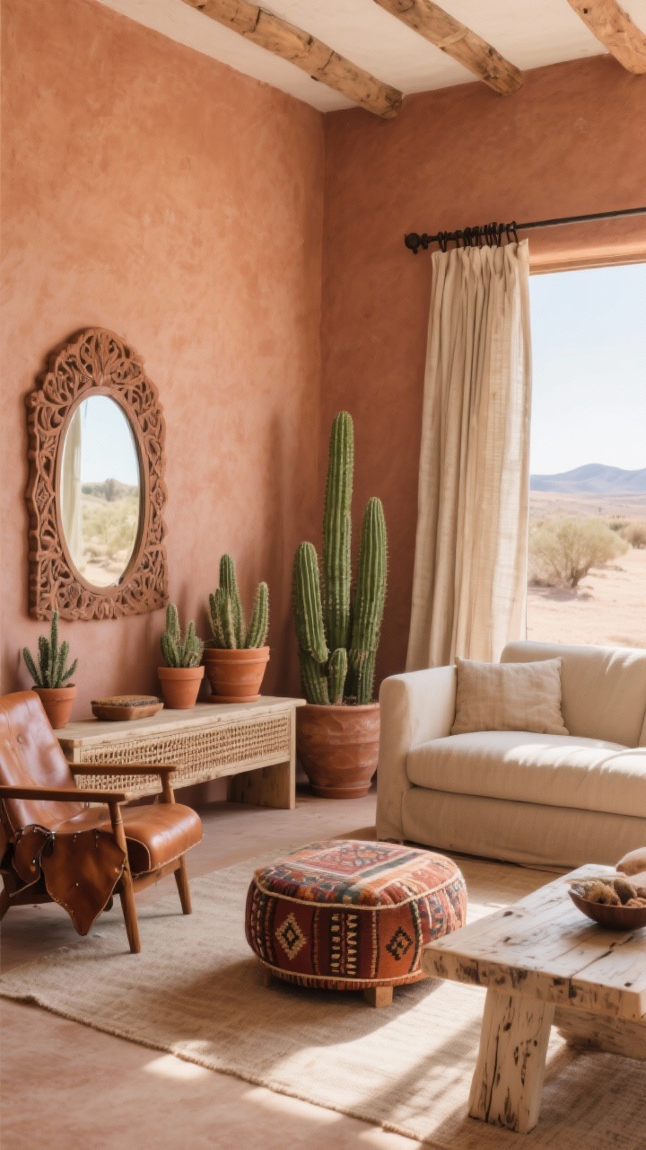 Corner-angle wide shot of a desert ranch living room with adobe vibes: low-profile sand-colored sofa in performance fabric, distressed saddle leather armchair, kilim ottoman used as a coffee table, walls in soft clay/terracotta, a woven bench, bleached-wood console, and a cluster of terra-cotta pots with cacti; a hand-carved mirror and iron curtain rods with linen drapes; warm sunlit glow emphasizing sand, terracotta, rust, and cactus green.
