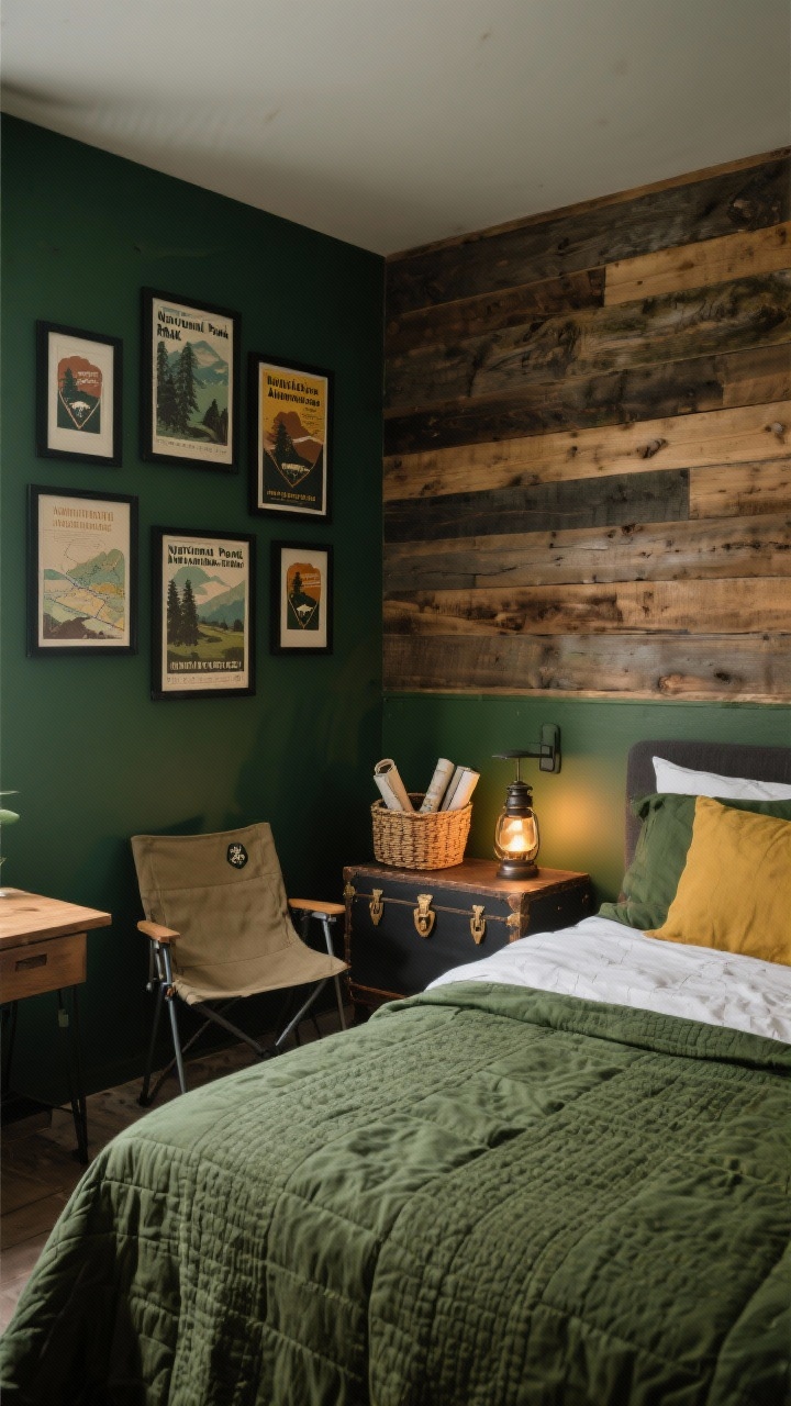 Corner angle wide shot of a national park adventure room: deep forest green walls with one natural wood accent wall, bed dressed in canvas-textured bedding with ranger-green quilts, gallery wall of vintage national park posters in simple black frames, canvas camp chair near a trunk-style side table, lantern-shaped lamp glowing warmly; woven basket of rolled maps beside a small desk; palette of forest green, mustard, charcoal, and tan; moody, explorer vibe.