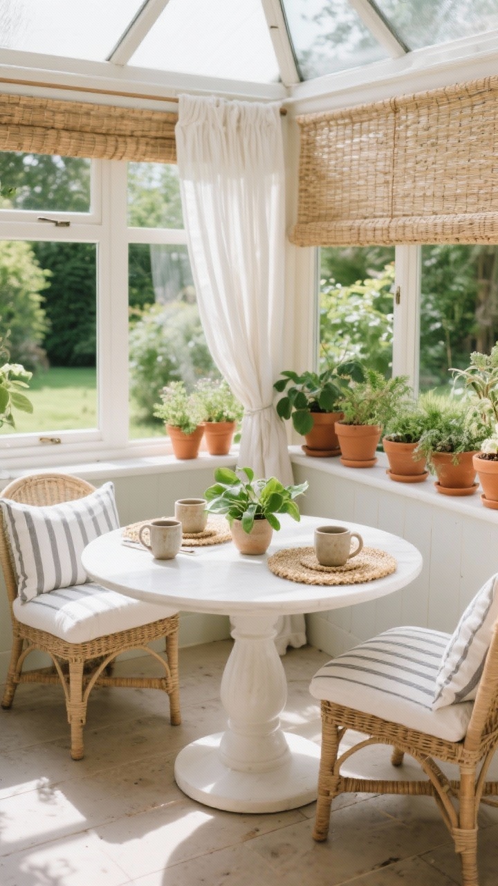 Corner breakfast conservatory: Garden-view breakfast space with a round pedestal table and two cushioned wicker chairs; white ticking stripe cushions; thin linen curtain tied back to reveal greenery; cluster of terracotta pots with plants on the windowsill; woven blind above; tabletop set with hand-thrown mugs and striped cotton placemats; palette of leafy greens, straw, and white; bright, airy morning sunlight, photorealistic.
