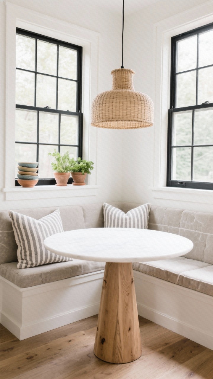 Corner, medium shot breakfast nook: built-in L-shaped white oak bench with stone-colored linen cushions; round white-oiled oak pedestal table; woven drum pendant diffusing soft morning light; a couple of ticking stripe pillows for pattern; black steel-look window frames; ceramic bowls stacked on the sill and fresh herb pots; airy, bright, inviting mood.