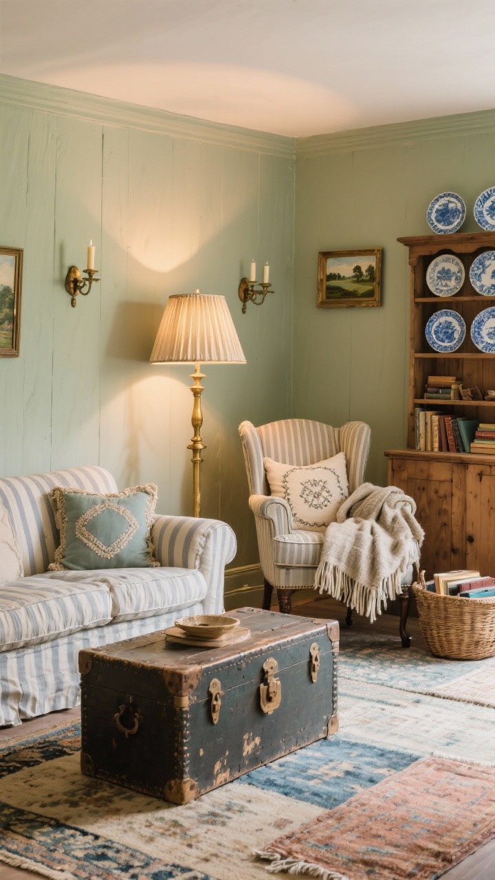 Corner medium shot, English Cottage Rustic: muted sage walls (or buttermilk hue) with layered overlapping rugs; rolled-arm sofa in ticking stripe, battered trunk as coffee table; wingback chair and pine hutch with plate display; wool throws, needlepoint cushions, hints of fringe; brass floor lamp with pleated shade and candle sconces on the wall; blue-and-white china, small landscape paintings, baskets brimming with books; warm lamplight, photorealistic.