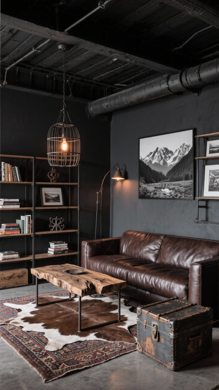 Corner medium shot, Industrial Lodge: charcoal walls, exposed beams, steel-framed shelving; deep tobacco leather sofa with a live-edge coffee table; metal-and-wood bookcases, distressed trunk side table; cowhide rug layered over a vintage kilim underfoot; caged pendant overhead, articulating wall lamps with warm-temperature bulbs; black-and-white landscape photography and cast-iron accessories on shelves; moody, urban-mountain vibe, photorealistic.