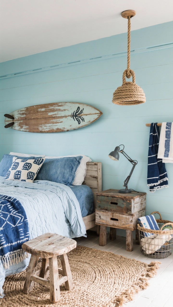 Corner medium shot of surf shack chic with weathered color: pale surf blue walls, a weathered wood surfboard or longboard-inspired art above the bed, washed denim bedding with a lightweight muslin quilt, braided jute rug across the floor; mismatched nightstands made from reclaimed wood stools or crates; rope-wrapped pendant light and a clamp task lamp; accent textiles like an indigo mudcloth throw and block-printed pillows; wire baskets for towels and beach reads; sun-faded, casual vibe.
