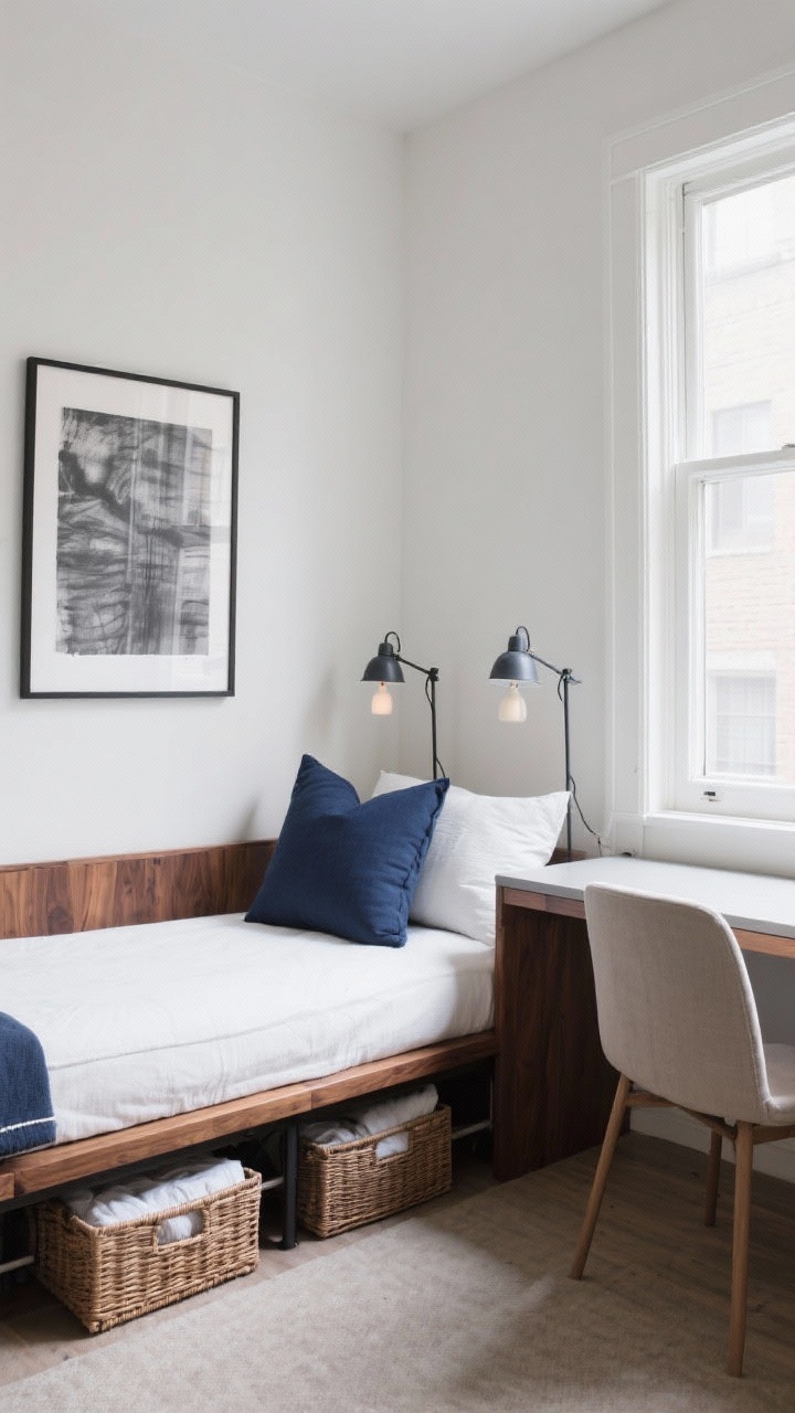 Corner medium shot, Smart Studio Daybed Layout: a trundle daybed along the longest wall styled as a lounge with tailored bolster pillows in ink blue and white, warm walnut accents. Under the window, a narrow console desk with a simple chair; above the daybed, a large graphite art print anchors the space. A pair of plug-in swing-arm lamps flank the art. Under-bed baskets for linens peek discreetly; clean, multifunctional look; soft task and ambient lighting; no people.