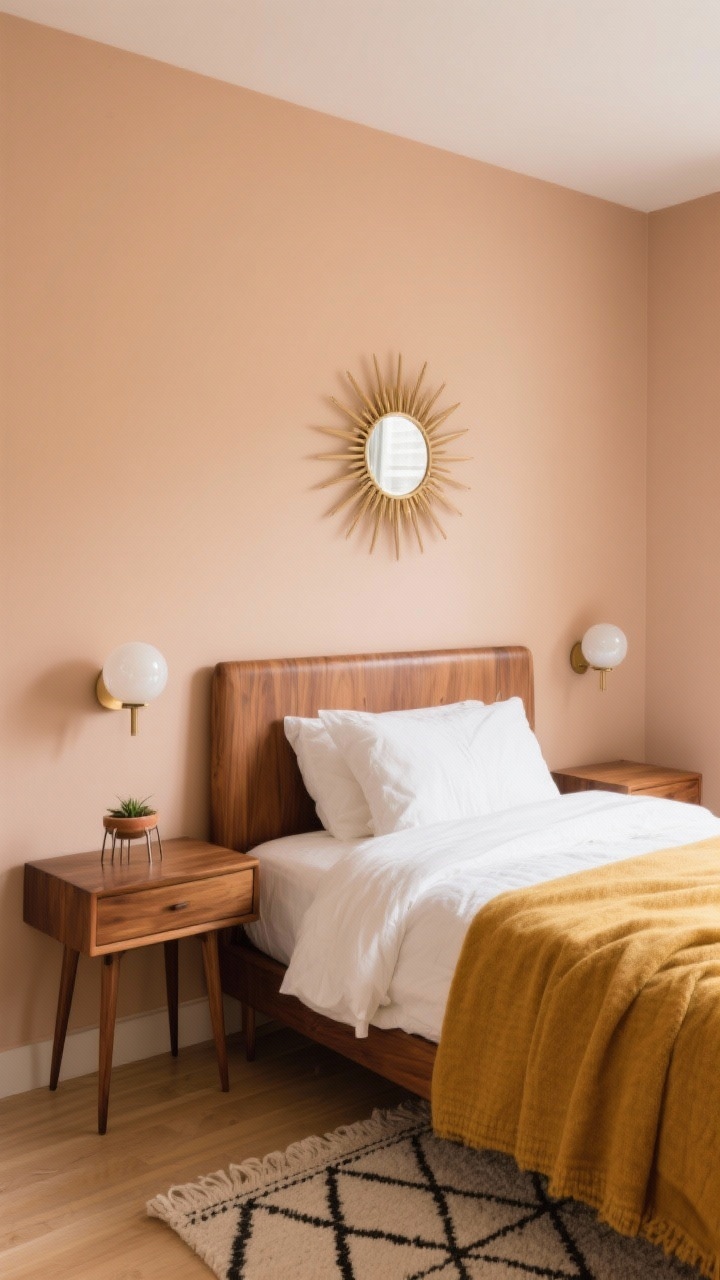 Corner medium shot, Warm Mid-Century Pocket Room: warm almond walls with a budget-friendly walnut bed, flanked by tapered-leg nightstands. Opalescent globe sconces mounted above the nightstands provide soft light. Textiles are restrained: a white duvet, a mustard throw, and a subtle geometric rug. A sunburst mirror above the bed and a small planter on hairpin legs in the corner; clean lines, tapered silhouettes; no people.