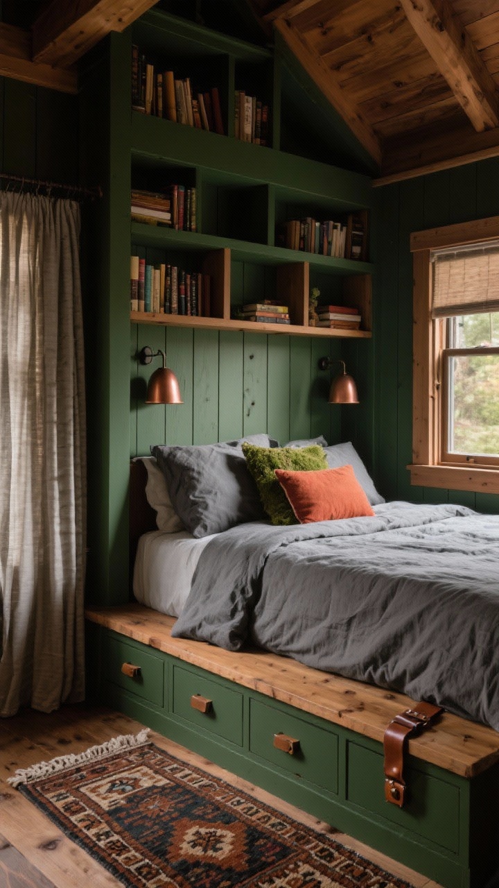 Corner medium-wide: Cozy Craftsman cabin with board-and-batten wall painted deep spruce, built-in bookcases framing the bed like a snug alcove. Stone-gray bedding topped with rust and moss pillows, copper sconces warm the wood tones. Kilim rug with earthy patterns, storage bench under the window, and drawers featuring leather strap pulls. Palette: spruce green, stone gray, rust, natural wood. Evening, layered drape shadows.
