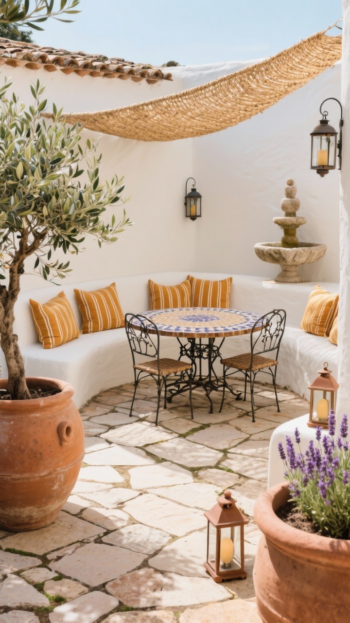 Courtyard medium shot with Mediterranean farm vibes: irregular limestone pavers underfoot; oversize terra-cotta urns with olive trees and lavender; curved white plaster bench wrapping the edge with ochre-striped pillows; rustic tile-top bistro table and wrought-iron chairs at center; handwoven straw shade overhead; clay lanterns and a stone fountain; sunbleached, breezy palette, straight-on.