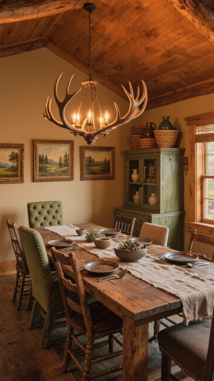 Cozy cabin dining room, wide angle from corner: a long plank farmhouse table under a glowing faux antler chandelier; mix-and-match seating with tufted end chairs and ladder-back side chairs showing grainy wood texture; earthy palette of sage, chocolate, and creamy taupe; table styled with stoneware plates, linen runners, hammered flatware; walls with a trio of vintage-framed landscape oils; a buffet with glass doors showcasing pottery and woven baskets; warm amber evening lighting.
