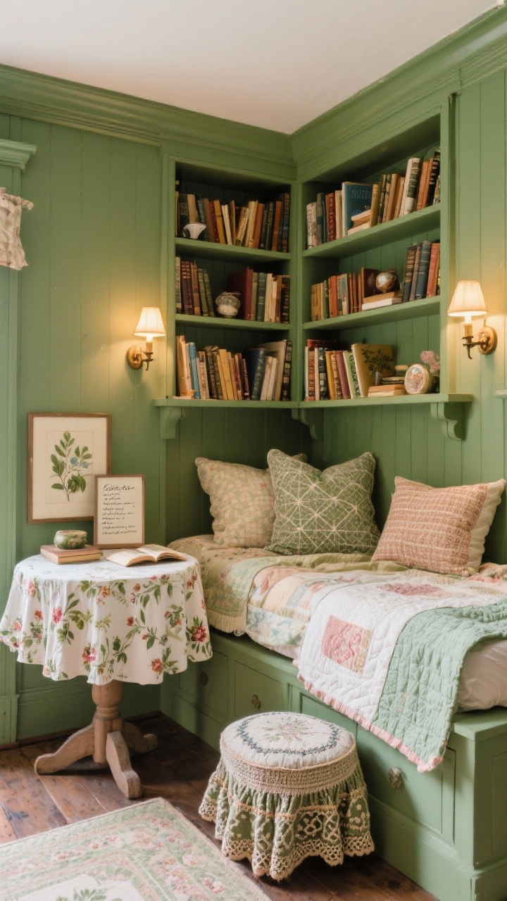 Cozy corner medium shot: Cottagecore library nook with a twin daybed dressed in layered quilts and mix-and-match pillows; built-in shelves painted moss green packed with books and tiny treasures; library sconces above the shelves casting warm reading light; floral skirted table as a nightstand; needlepoint footstool; botanical prints; handwritten reading list on the table; intimate, bookish atmosphere.