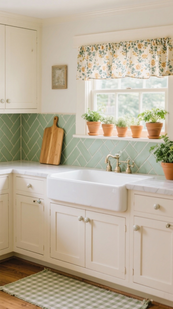 Cozy cottage-core medium shot: soft sage green tiles in a herringbone pattern as the backsplash, ivory cabinets with porcelain knobs, a white farmhouse sink, styled with a floral roman shade above the window, clustered terracotta herb pots, a honey-toned cutting board leaning against the wall, and a petite gingham runner on the floor; gentle morning light, straight-on composition.