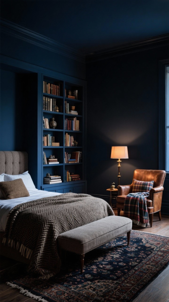 Cozy medium shot: A moody library hideaway with ink-blue walls, a wool-upholstered bed layered with tweed and herringbone textiles, built-in shelves filled with curated books and small objets, a leather club chair, a banker’s lamp casting warm light, a plaid throw, and a dark Persian-style rug; intimate evening atmosphere, photorealistic.