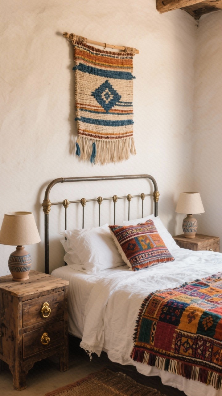 Cozy medium shot of a boho-rustic guest room: a simple metal bed frame dressed with white cotton sheets, a colorful vintage kantha quilt, and a wool kilim pillow. Raw wood nightstands with ceramic lamps, a woven wall hanging above, and a small antique dresser with brass hardware. Colors warm spice tones, indigo, off-white; soft ambient light, photorealistic.