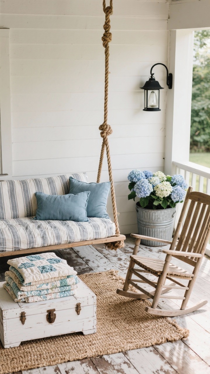 Cozy medium shot of a farmhouse porch swing lounge: a bed-sized porch swing hung by chunky ropes, dressed in striped ticking cushions and faded indigo pillows; jute rug on worn floorboards; a slat-back rocker and whitewashed trunk as coffee table; stack of vintage quilts; black metal barn light mounted nearby; galvanized bucket of hydrangeas for soft color; soft afternoon light, corner perspective.