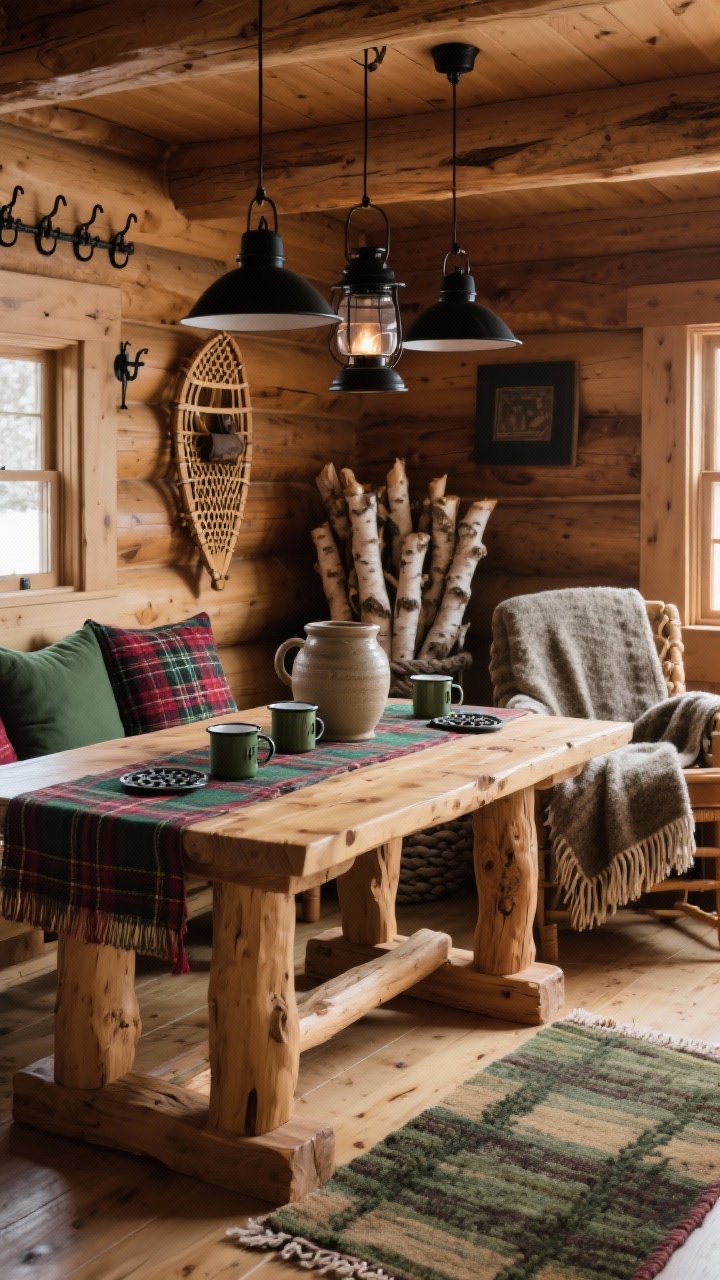 Cozy rustic cabin wide shot: solid pine table with chunky legs, black metal lantern pendants overhead, plaid elements across a table runner and cushions, iron hooks on the wall alongside a vintage snowshoe, braided rug in forest tones, enamel camp mugs and cast iron trivets on the table, wool throws draped over a chair, a stoneware crock filled with birch logs in the corner; palette pine, forest green, cranberry, iron black; warm, lodge-like ambiance.