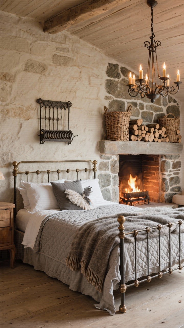 Cozy stone cottage bedroom medium-wide: stone-look accent wall or ledger stone fireplace feature with a gentle hearth glow; heirloom-quality wood furniture with turned legs; iron bed frame; heavy wool throws in heathered grays over linen duvet and quilted coverlet with feather pillows; wrought-iron chandelier with candle-style bulbs; iron bed warmer displayed on the wall; woven baskets stacked with logs; warm, firelit ambience.