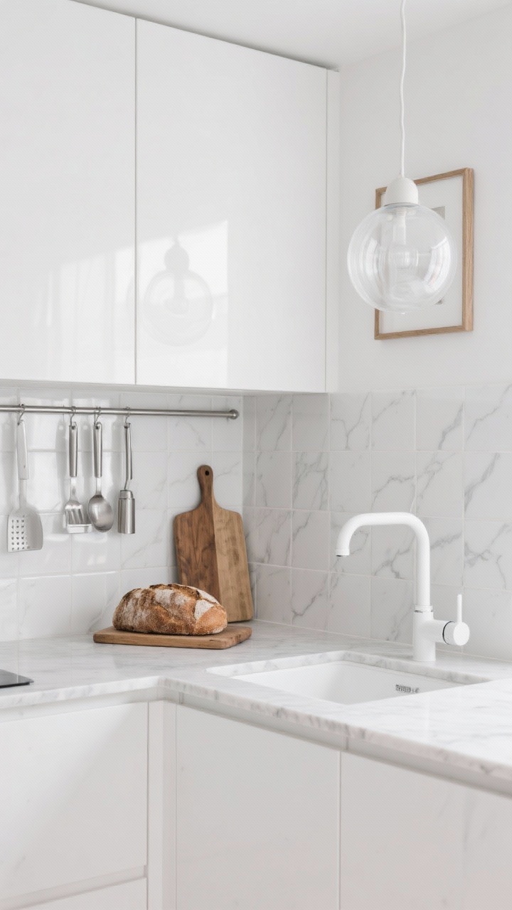 Detail closeup, angled: Monochrome white textures layered—matte white cabinets, high-gloss white zellige tiles with irregular shine, and softly veined white quartz countertop. Thin stainless steel rail system holding utensils, white powder-coated faucet. A frosted globe pendant glow in frame edge, a single wooden cutting board with a loaf of crusty bread as focal “art.” Clean, luminous.