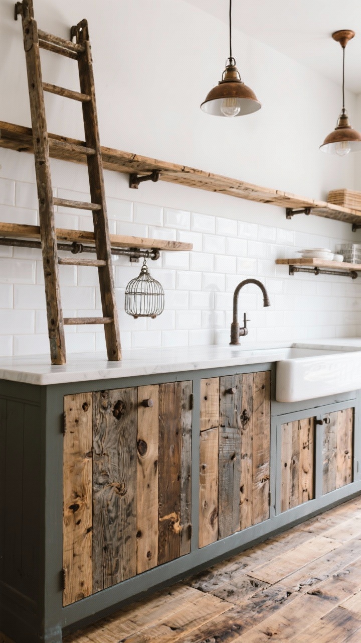 Detail closeup, angled: Reclaimed factory floorboards used as cabinet fronts showing knots and character, set against a crisp white tile backsplash; iron pipe shelving with reclaimed pine planks mounted above; a vintage rolling ladder on a rail partially in frame; hints of a cast-iron farmhouse sink and bronze cage pendants in soft focus; tactile, storied textures, photorealistic.
