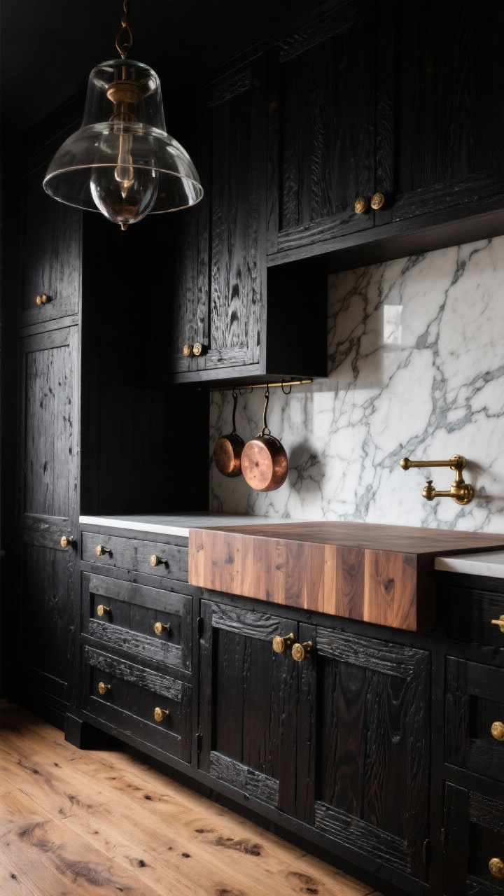 Detail closeup: Blackened rustic luxury materials—ink-black wire-brushed cabinetry with patinaed brass hardware, a bold-veined Calacatta marble slab backsplash, and a thick solid walnut butcher block. Smoked glass pendant reflection above; heirloom copper pans hang nearby. Wide-plank oak floor texture visible at the frame edge. Photorealistic, dramatic moody lighting, high-contrast.