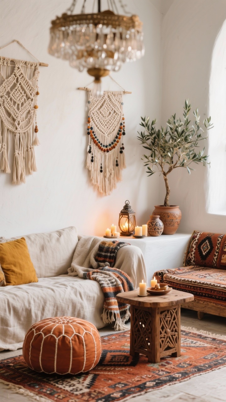 Detail closeup, Boho Rustic textiles: slouchy linen sofa in chalky white room with terracotta, mustard, and charcoal palette; Moroccan poufs near a carved wood side table; Berber rug and vintage kilim daybed corner peeking in; macramé wall hanging and tassel throws layered; beaded chandelier out of focus, lanterns and clustered candles adding warmth; handmade ceramics and a potted olive tree edge; cozy, photorealistic.