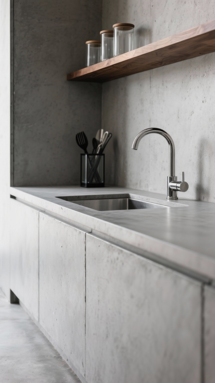 Detail closeup, concrete chic: concrete-look slab cabinet door meeting a thicker-edge matching concrete-look counter and slab backsplash; brushed nickel faucet arcing over the sink; warm walnut open shelf above with a small cluster of clear glass canisters and a black-framed glass utensil holder; polished concrete floor blur in background; urban, tactile minimalism; side-angle closeup emphasizing textures.