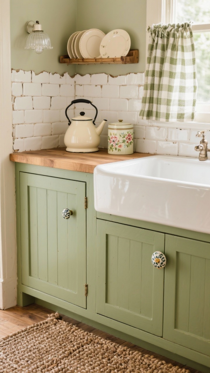 Detail closeup, cottage charm: Sage green cabinet front with ceramic knob, butcher block counter edge, and a mini plate rack above the sink holding cream plates. Handmade white tile backsplash with uneven edges shows textural variation. Gingham café curtains filter light; a woven rug texture peeks below. On the counter: a cream enamel kettle and floral tea tins. Milk-glass flush mount glow reflected softly. Warm, cozy daylight, photorealistic.