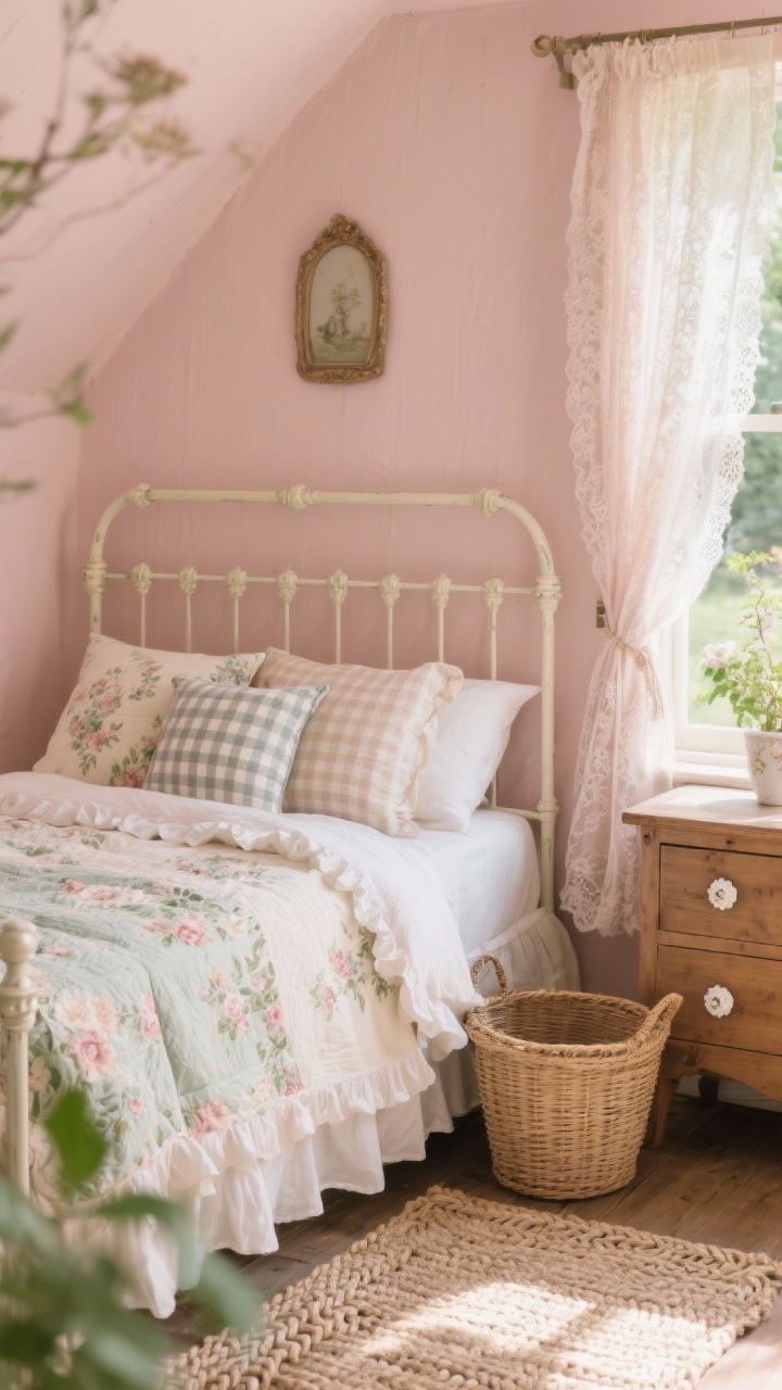 Detail closeup: Cottagecore garden nook textures—soft blush wall behind a painted spindle bed dressed with a ruffled duvet; layered gingham pillows and a faded floral quilt; a wicker basket tucked beside a petite wood dresser with porcelain knobs; a lace curtain filtering gentle morning light onto a braided rug; romantic, sunlit detail, photorealistic.