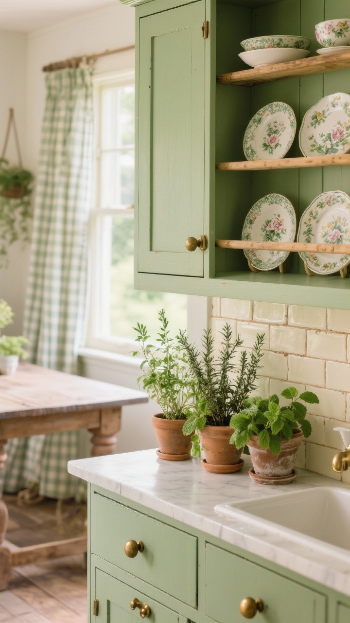 Detail closeup: Cottagecore garden vignette showing sage-green cabinet fronts with brass mushroom knobs, open plate racks holding floral china, and a windowsill lined with potted herbs (thyme, rosemary, mint). Buttermilk subway tile with handmade edges and a glimpse of a farmhouse table used as an island; soft gingham curtain under the sink in the background. Photorealistic, gentle morning light, shallow depth of field.