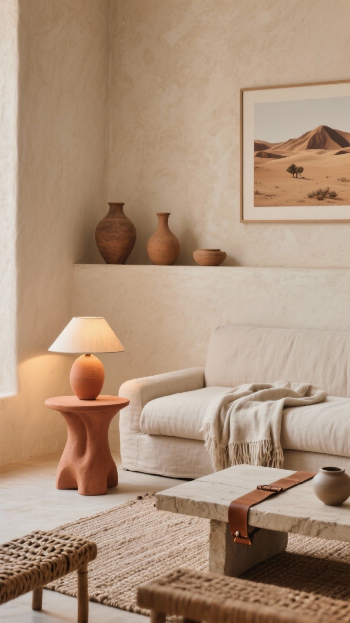 Detail closeup, Desert Minimal Rustic materials: warm beige soft plaster wall with built-in display ledge; earthen vessels and minimal desert prints above; edge of a low linen sofa with a sculptural terracotta side table; slab coffee table and woven leather strap bench partially visible; flatwoven rug, raw cotton throws, ceramic lamp with warm LED niche lighting; monochrome warmth, photorealistic.