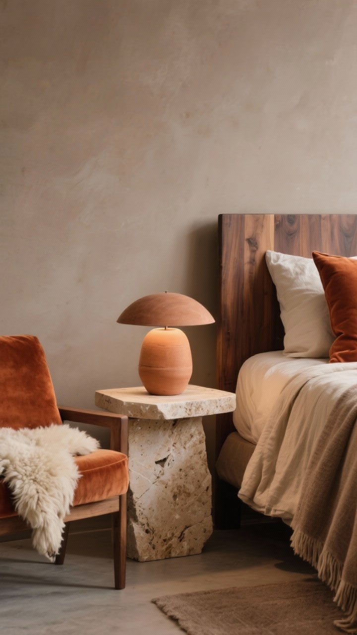 Detail closeup: Earthy hygge vignette showing a travertine side table with a clay table lamp beside a smoked oak bed; bed styled with sand-colored linen duvet, terracotta velvet cushions, and a latte-hued throw; backdrop of soft taupe wall and a sheepskin casually draped over a nearby chair corner; tactile materials—smoked oak, travertine, linen, velvet—rendered in warm, clay and mushroom tones; gentle ambient lighting.