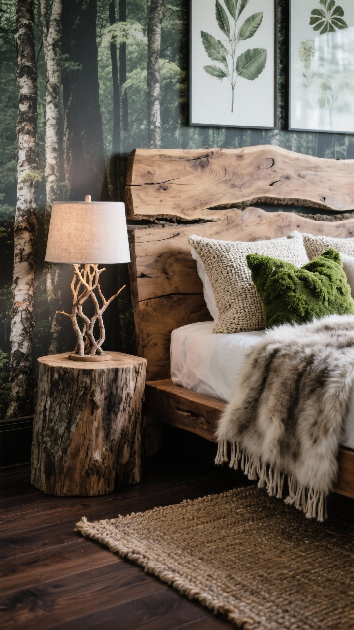 Detail closeup emphasizing woodland textures: live-edge headboard with visible grain in front of bark-inspired wallpaper; fur-effect (faux) throw and woven wool pillows with mossy green accents; twig-inspired table lamp base on a stump side table; dark oak floor meeting a textured sisal rug; botanical prints slightly blurred in the background; cool, natural forest-toned lighting.
