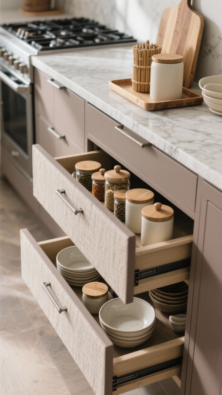 Detail closeup, Japandi Zen: shallow spice drawers beneath the cooktop with neatly arranged spice jars; taupe cabinet fronts with linen-textured drawers, stone-look quartz counter edge visible; tray divider storing upright cutting boards; low, wide drawer with nested everyday bowls; palette of ceramic jars, bamboo organizers, matte cream canisters; calm morning light, soft shadows, photorealistic.